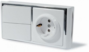 Блок скрытой установки: выключатель двухклавишный + розетка с заземляющим контактом и защитными шторками Б2ВРзш-С (С-1576)(АБС белый серебро) Модерн
