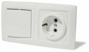 Блок скрытой установки: выключатель одноклавишный + розетка с заземляющим контактом и защитными шторками  Б1ВРзкш-С «REONE»